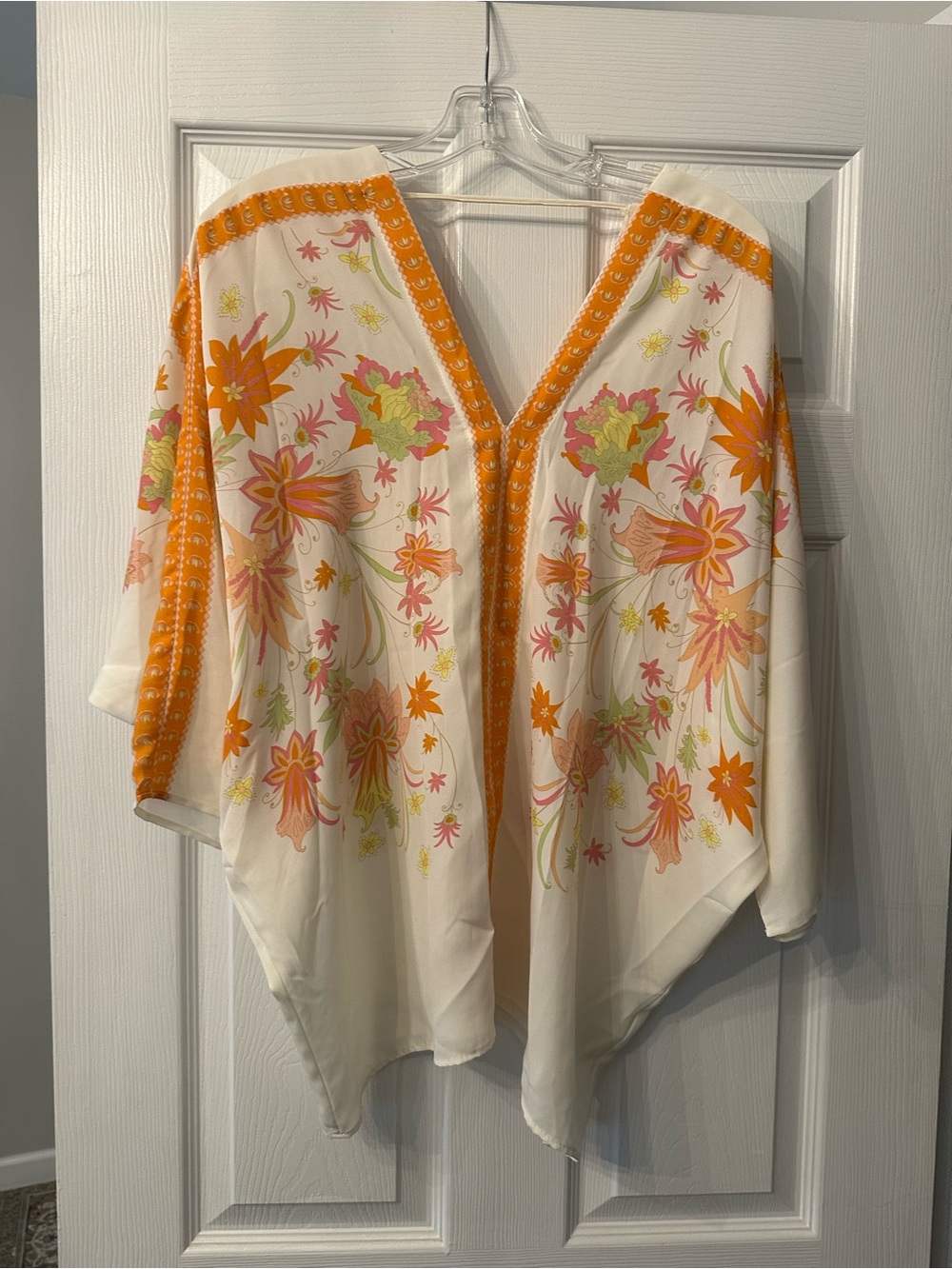 Cream Floral V-Neck Kimono with Orange Trim